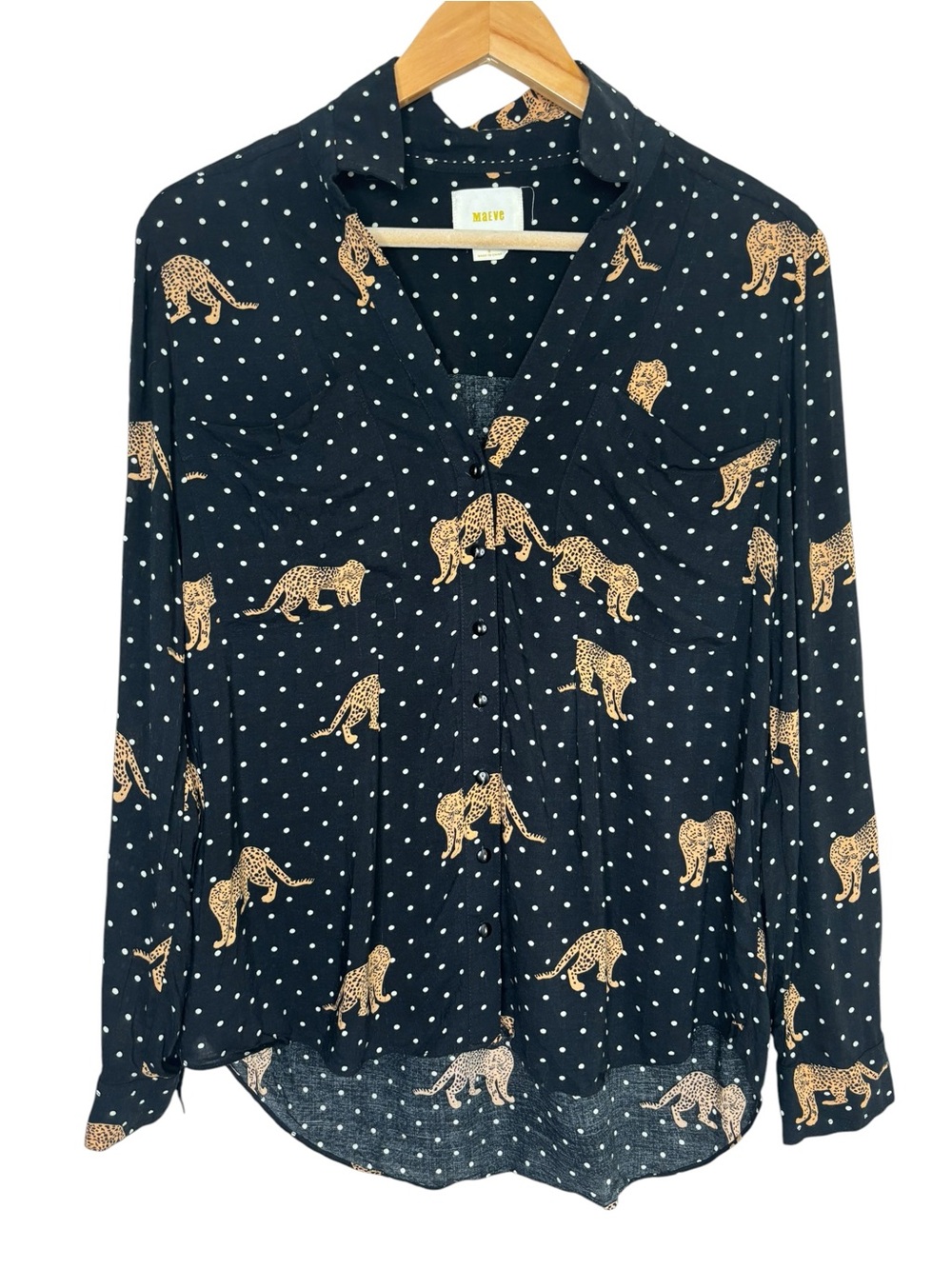Maeve Anthropologie button down blouse black polka dot leopard two pocket 8 - Picture 1 of 8